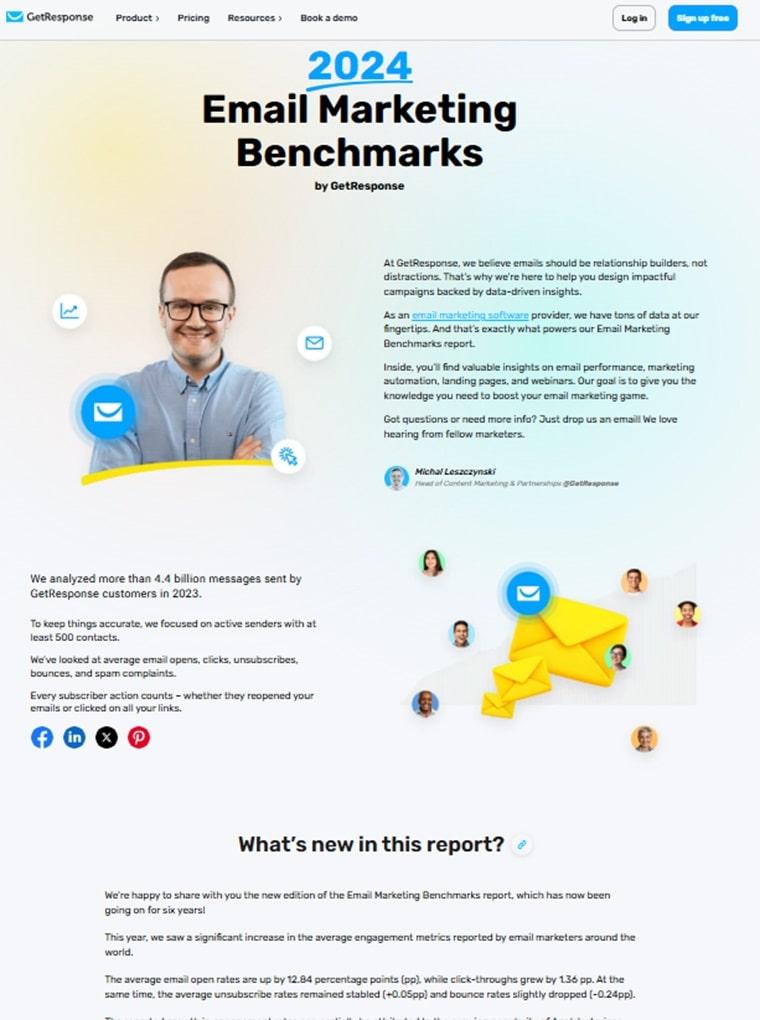 GetResponse email marketing benchmarks report cover showing original research content, demonstrating effective link building strategy through valuable industry resources